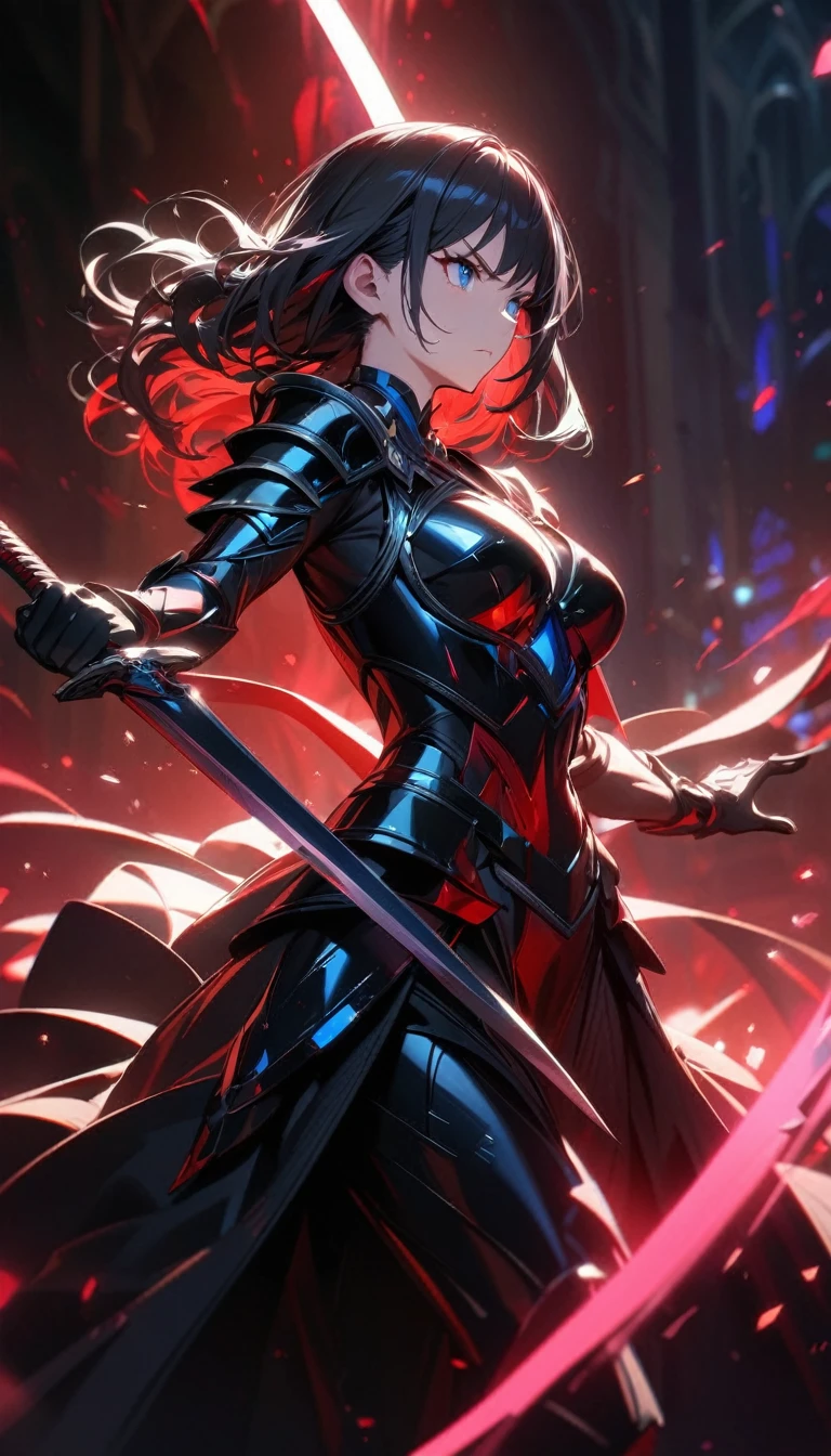 Grown-up girl, long black hair, blue eyes, beautiful figure, dancing with blades, red and black light armor, serious, Masterpiece, best quality, Full HD, 8k, ultra details, great graphic