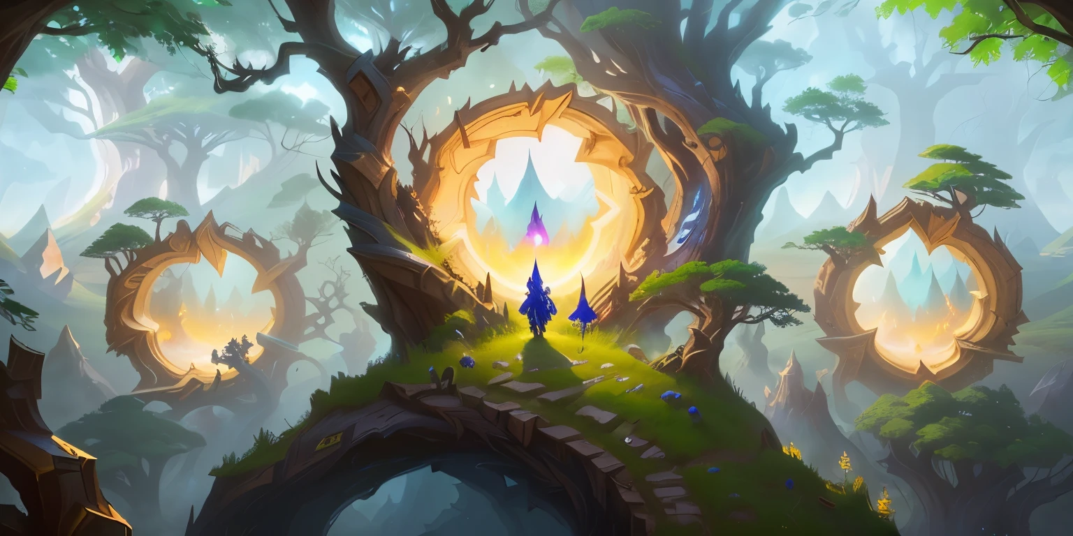 There is a huge glowing portal in the middle of the tree,high quality, Fantasy game art style, Hearthstone concept art, Magic 2D Concept Art, fantasy art behance, detailed Digital 2D fantasy art, stylized concept art, Digital 2D fantasy art, Fantasy game art,forest,Huge trees, Whimsical fantasy landscape art