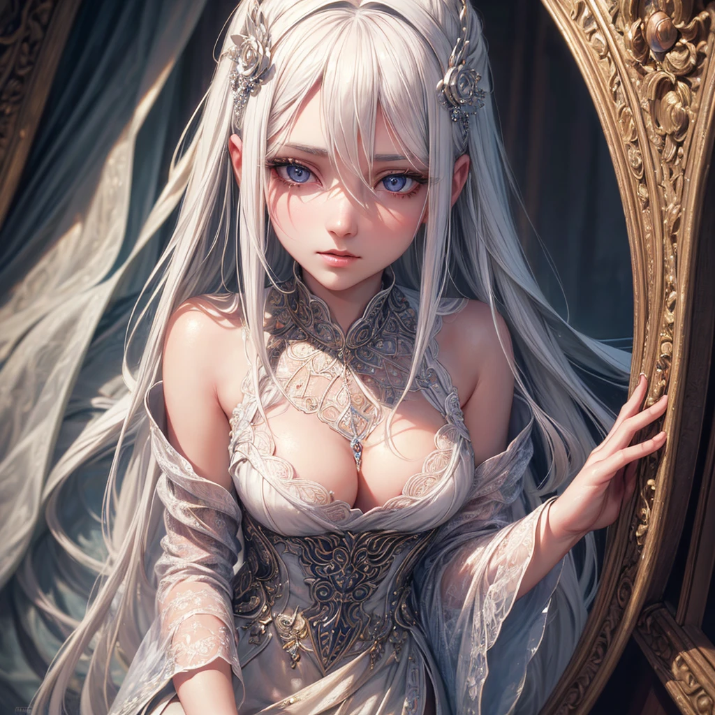 a beautiful young woman with long flowing silver white hair, extremely detailed face and eyes, small delicate breasts, looking directly at the viewer, intricate detailed portrait, oil painting, cinematic lighting, dramatic shadows, warm color palette, highly detailed, 8k, photorealistic, masterpiece