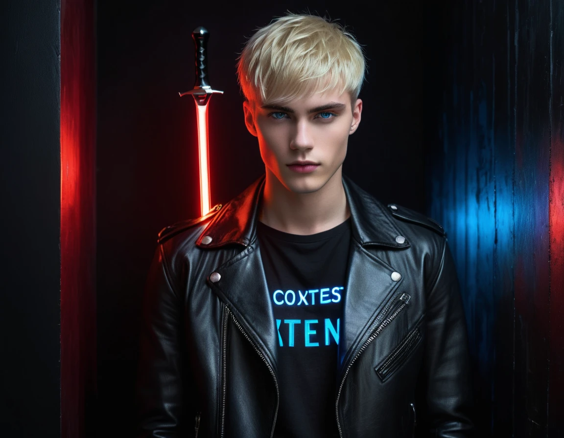 Hyper realistic, dark vibes, solo, attractive young guy, thin male fashion model, 22 years, pale skin, blue eyes, (short textured blond hair:1.1), layered bangs, (holding dagger:1.2), black leather jacket, black eyeliner, dark lighting, in luxury BDSM room, (smirk:1.1), (alternating neon blue and yellow text "CONTEXT":1.2), red neon crescent moon