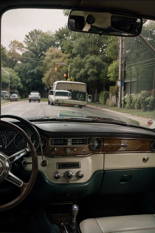 Windshield seen from inside a retro car