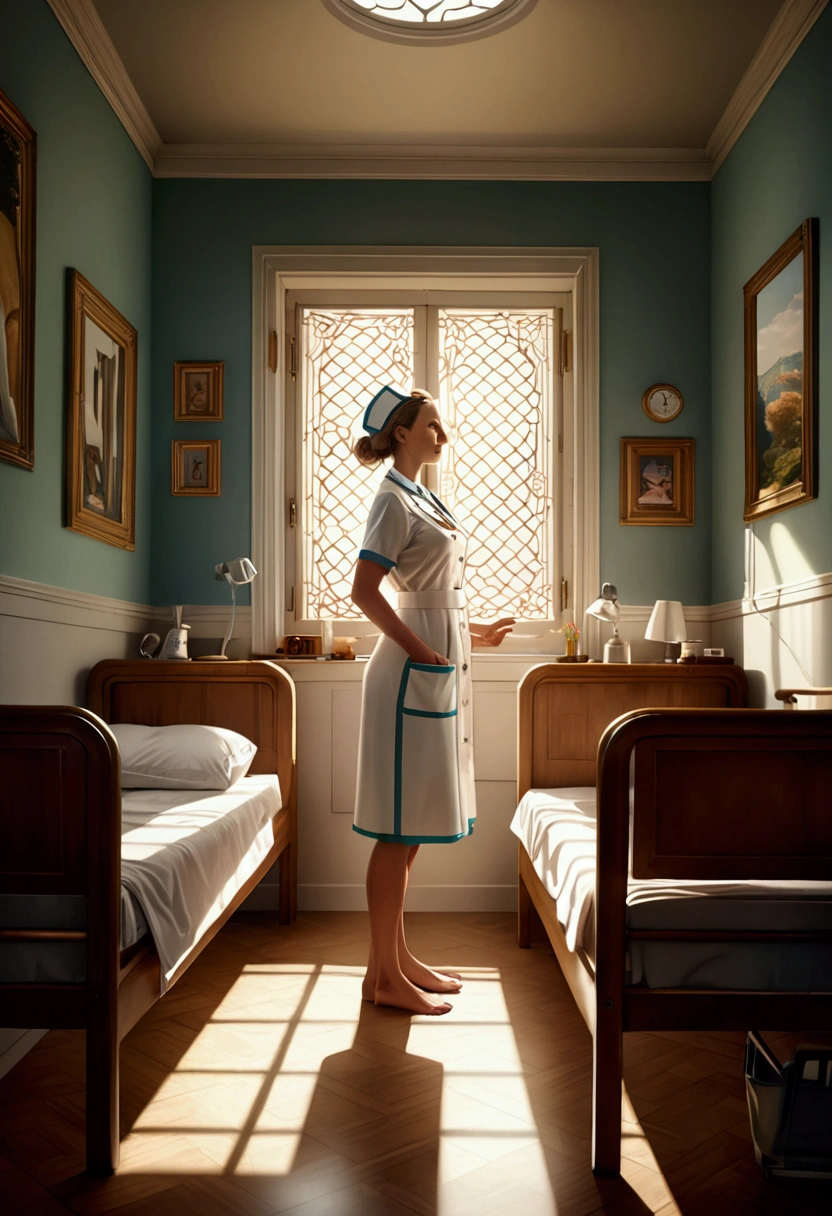 (nurse), smiling in the ward, holding a medical brochure, patiently educating and instructing the patient. The background is a warm ward, full body, award-winning, cinematic still, emotional, vignette, dynamic, vivid, (masterpiece, best quality, photorealistic, Professional, perfect composition, very aesthetic, absurdres, ultra-detailed, intricate details:1.3)