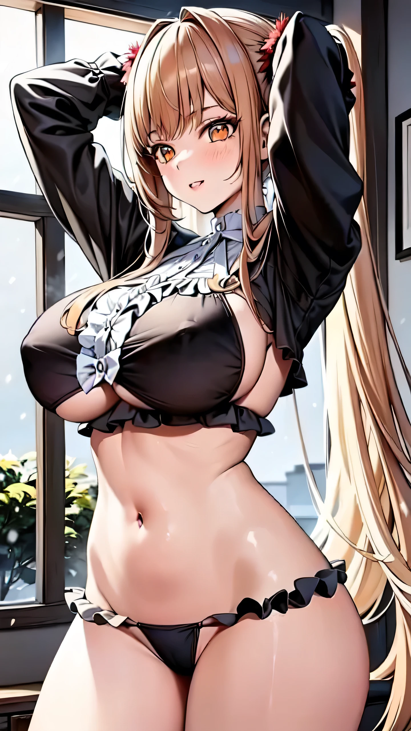 masterpiece, high quality, extremely detailed, 1girl, solo, rapi \(nikke\), (huge breasts:1.3), (((blonde hair, very long hair, twintails, orange eyes))), parted lips, (((frilled shirt collar, black shirt, long sleeves, frilled panties, black panties, shrug \(clothing\), crop top))), ((blush, light smile), closed mouth), ((arms behind head, window, indoor, winter, snowing))