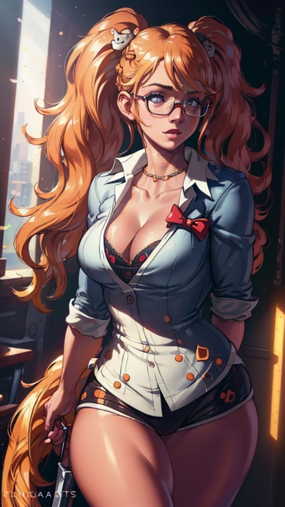 Hot student wearing  in class, glasses, braided hair, large breasts, cleavage, thick and muscular leg, depth of field, cinematic lighting, anatomically correct, high detail, UHD (best quality, ultra-detailed, photorealistic: 1.39), bright and vibrant colors, studio lighting, romantic expression, masterpiece