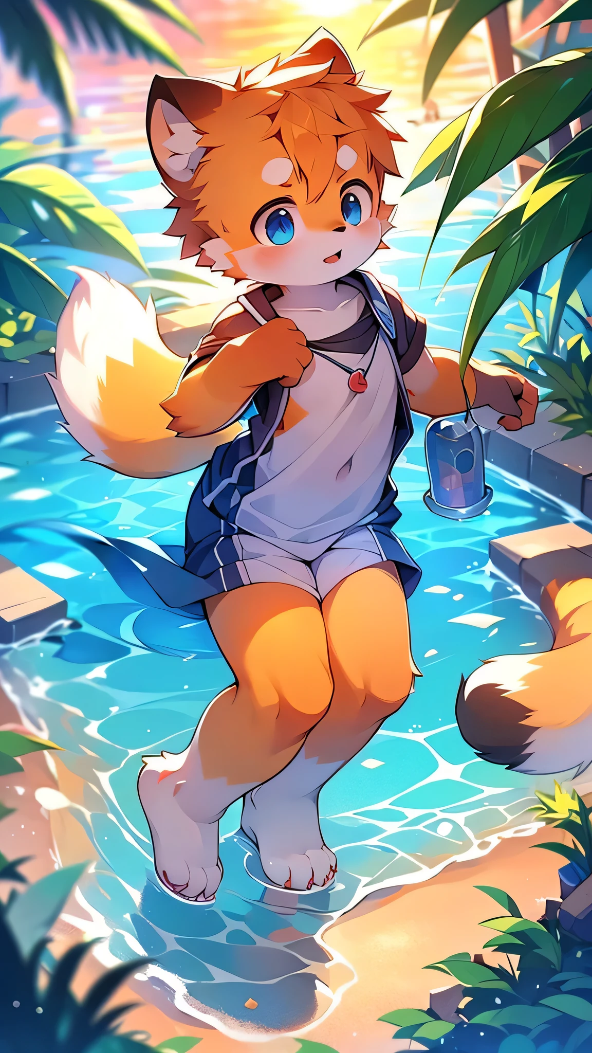 Red Panda Boy,School,student,Ultra-fine,Exact details,4K ultra-vivid,Cute Face,Fluffy fur,Furry,Water Play,swimming,Ocean,Cute art style in anime,(-yeld bounset,single,alone