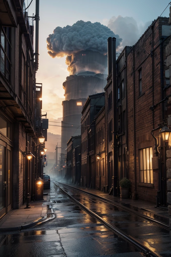 Industrial city, surrounded by a wall, steampunk, rusty and heavy, billowing smoke, Chimney, factories, gears, machinery, tall buildings, torres, steam power, steam pipes, Street lighting, nuclear power plant, reactor nuclear, pollution, fog, fires, Explosions, railway, bridges, steel structures, oxide, debris,  (cinematic lighting:0.8, Super detail, to flourish) ((masterpiece, Hyperrealism, photorealism, o my master, perfection, photo realism)). 