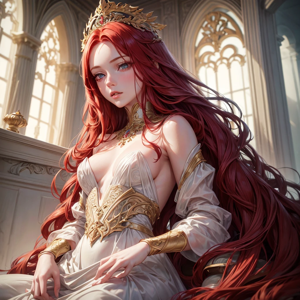 a beautiful redheaded girl with long hair, body, detailed face, beautiful eyes, detailed lips, delicate features, intricate hair strands, porcelain skin, elegant pose, serene expression, natural lighting, muted colors, cinematic composition, masterpiece, photorealistic, 8k, hyper detailed