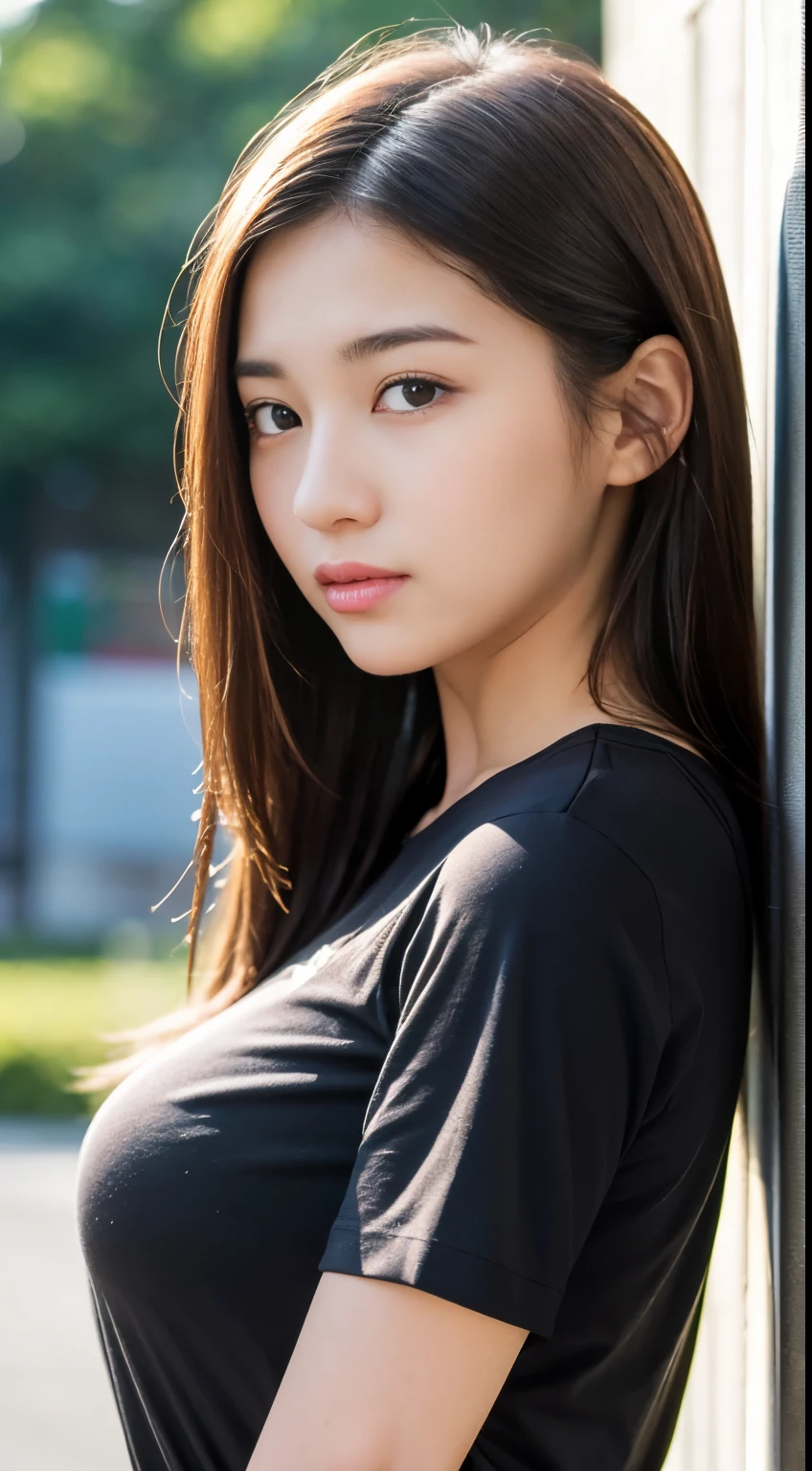 Detailed face、Detailed eyes、Detailed mouth、Detailed nose、(Very tight shirt:1.3)、(Shooting from the side:1.2)、Very cute girl、beautiful girl、Big Breasts、Cute Japanese Woman、、high school girl、Young girl