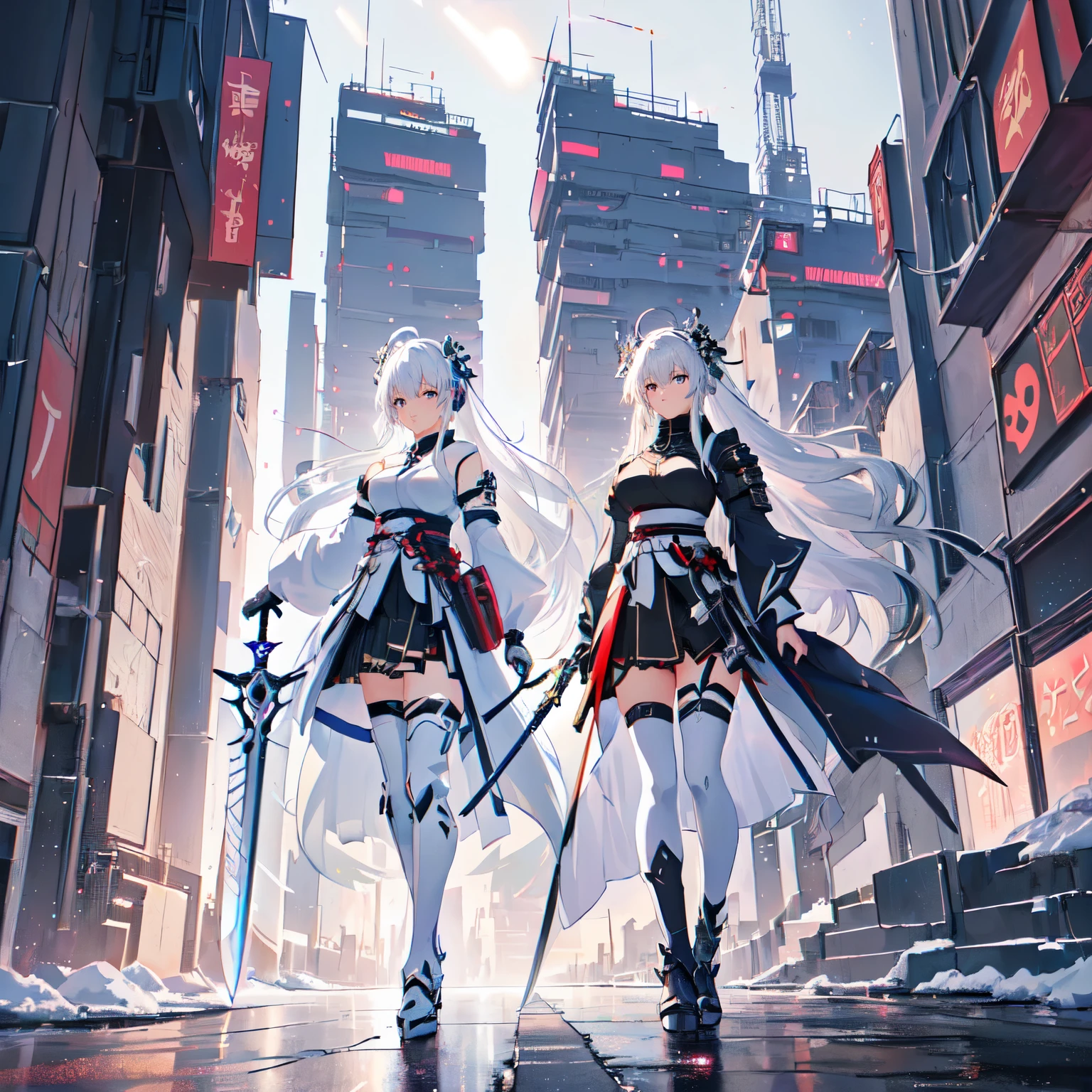 anime girl with sword and armor in a city with lights, white haired deity, from arknights, best anime 4k konachan wallpaper, very beautiful cyberpunk samurai, anime style 4 k, anime wallpaper 4 k, anime wallpaper 4k, 4k anime wallpaper, anime epic artwork, anime art wallpaper 4 k, anime art wallpaper 4k, advanced anime digital art