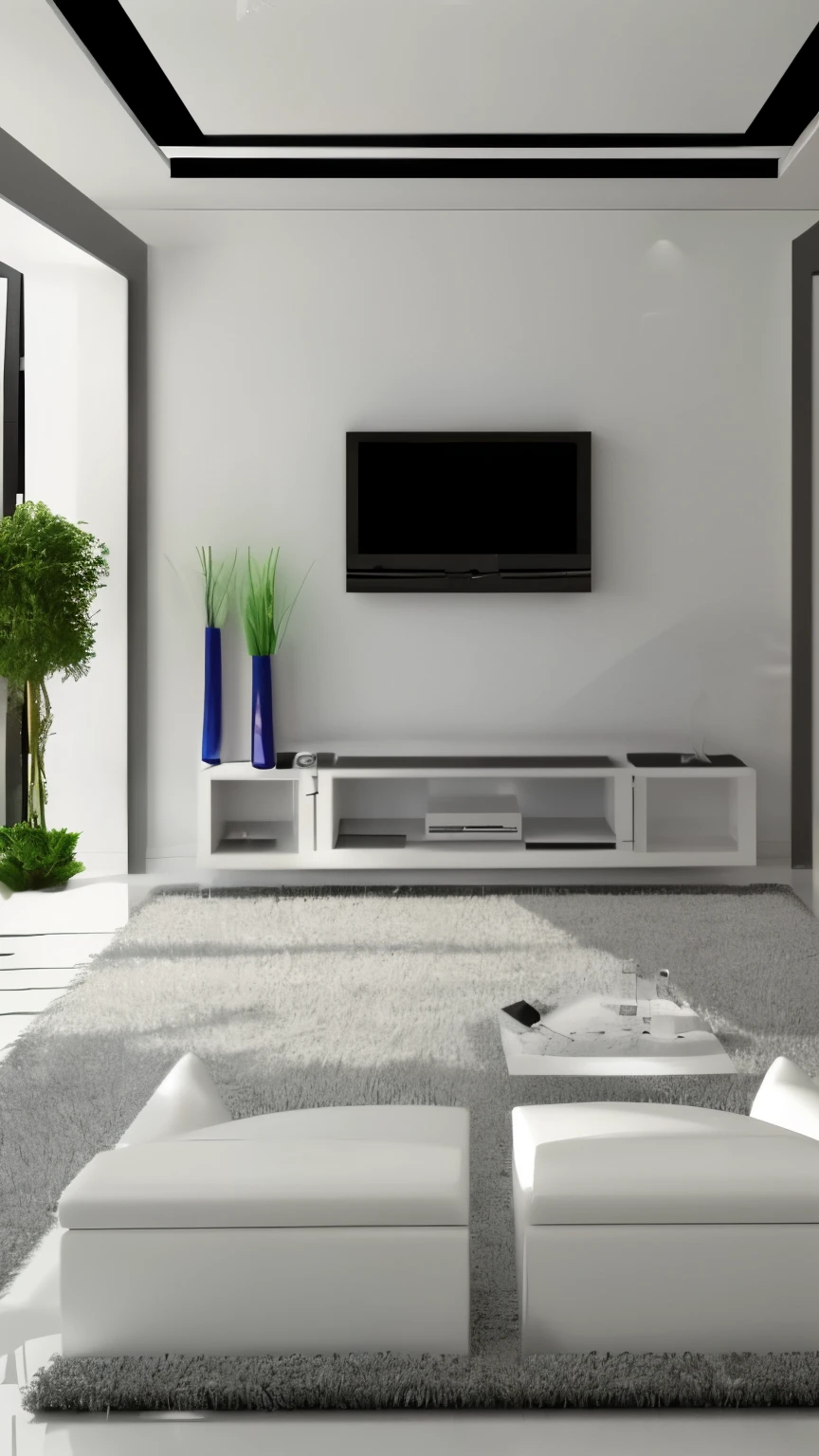 White living room, minimalism, front view, center, white, one tv, large tv, center tv, front view center, white wall