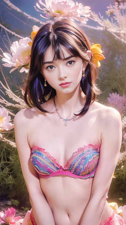 ((((8k))),((Extremely meticulous CG)) ,(wallpaper),16k,((Extremely refined and beautiful)),(((Masterpiece))),(((best qualtiy))),(((Ultra High Resolution))),beautiful light up,Perfect lightning,realistic shaded,((high resolution)),(Smooth and flawless fair skin:1.5),(pale skin:1.3),(Extremely exquisite facial details:1.2),(perfect body:1.1),(ultra-detailed),((A beautiful ,solo)),(22 years old:1.8),(small breasts:1.2),(colorful wreath:1.2),(shoulder length straight bob hair:1.3),(thick bangs:1.5),(earrings:1.2),(small face:1.2),(baby face:1.5),(Exquisite makeup:1.2),((slim,thin)),happy,(laughing:1.2),(crystal necklace:1.2),(((lace,see through))),(strapless colorful bra:1.5),(lace gloves:1.3),(day scene:1.5),(In the sea of flowers:1.3),(Flowers of various colors:1.3),(detailed background:1.5),(standing:1.3),(arms behind back:1.3),(from front:1.2),(Super high saturation,bright and vivid colors:1.3),