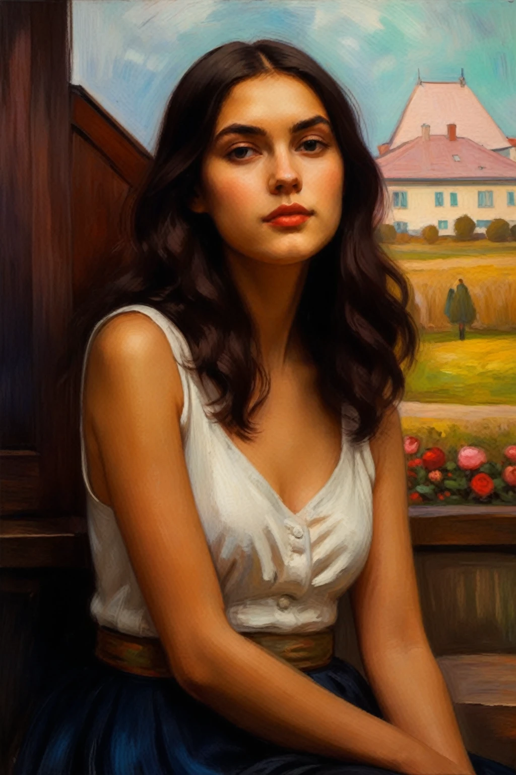 attractive young girl with peonies ((Edvard Munch style)), ((oil painting)), Bright color, ((tmasterpiece)), Impression, Extreme Detail, perspective, 8k