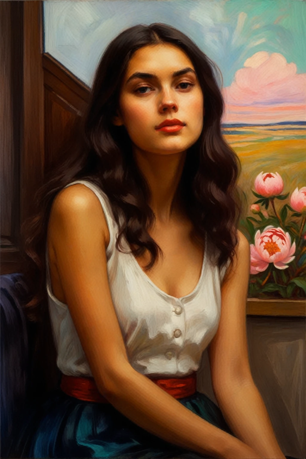 attractive young girl with peonies ((Edvard Munch style)), ((oil painting)), Bright color, ((tmasterpiece)), Impression, Extreme Detail, perspective, 8k