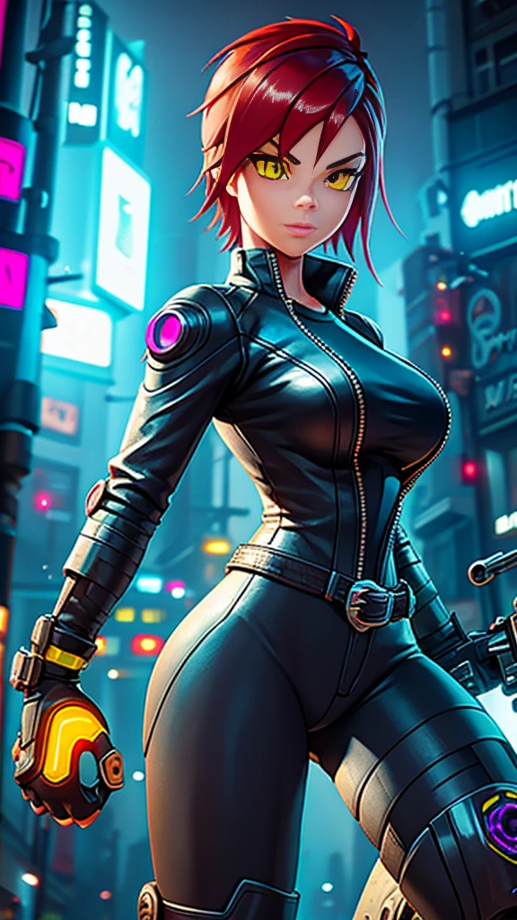 biker girl, motorcycle, Leather garment, Short hair, yellow glowing eyes, Dark colors, leather waist, ultra detailed face, long eyelashes, skinny, Cyberpunk, Neon lights, Red hair, long boots, tightsuit, Night, the city street, mitts, rain