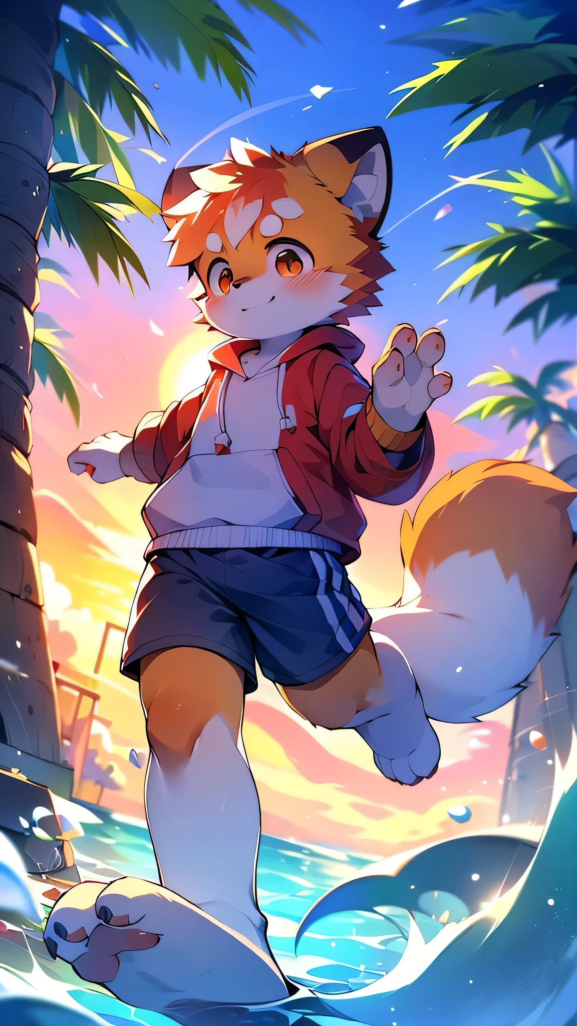 Red Panda Boy,School,student,(Cute characteristics of hoodies) Ultra-fine,Exact details,4K ultra-vivid,Cute Face,Fluffy fur,Furry,Water Play,swimming,Ocean,Cute art style in anime,(Cheerful teenager,15 years old:1.3)sunset,single,alone,towering,tall,Wink,running at full speed