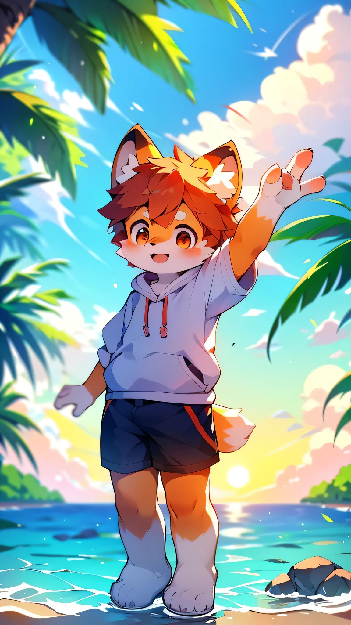 Red Panda Boy,School,student,(Cute characteristics of hoodies) Ultra-fine,Exact details,4K ultra-vivid,Cute Face,Fluffy fur,Furry,Water Play,swimming,Ocean,Cute art style in anime,(Cheerful teenager,15 years old:1.3)sunset,single,alone,towering,tall,Wink,running at full speed