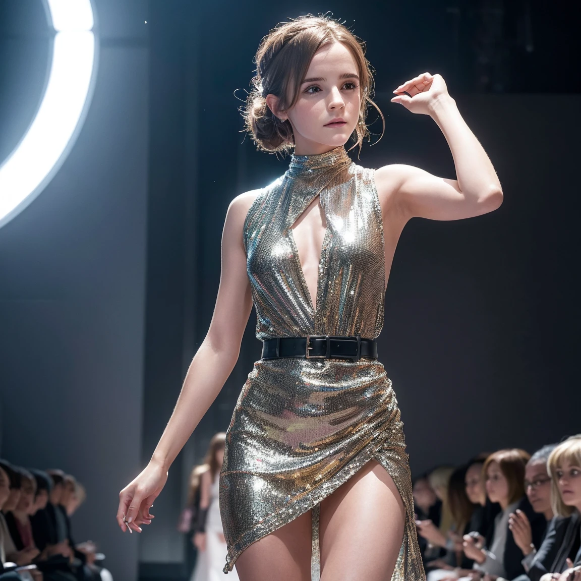 Emma Watson poses for a photo in a dress, 優美な体型Emma Watson, スーパーモデルの体Emma Watson, サイドポーズEmma Watson, {Perfect body}Emma Watson, バックスリットEmma Watson, Very slim body, ホワイトボディEmma Watson, Perfect bodyEmma Watson, 完璧なバランスEmma Watson, 美しいボディのスタイルEmma Watson, Emma Watson is tall and skinny, 横顔ショットEmma Watson, {{{完璧な構成ボディEmma Watson}}}, Side view, エレガントで滑らかなボディEmma Watson, ゴージャスな姿Emma Watson, A woman walking down the runway in a short skirt and top, Chain mail, Chain Mail, Inspired by Alexander Mann, Golden Clothes, Inspired by Alexander Fedsakh, wearing Chain mail, Burning Man Style Blend, Inspired by Giorgio De Vincenzi, Fashion Runway, Metallic Skin, Sequins, Narrow waist, Inspired by Nina Hamnett,((Top Quality)), ((Masterpiece)), (Details: 1.4), 3d, Thick voluminous hair, light particles, pure energy chaos antitech, HDR (High Dynamic Range), ray tracing, nvidia RTX, super resolution, Unreal 5, subsurface scattering, PBR Texturing, post-processing, anisotropic filtering, depth of field, maximum clarity and sharpness, multi-layer textures, Albedo and specular maps, surface shading, accurate simulation of light and material interaction, perfect proportions, Octane rendering, two-tone lighting, wide aperture, low ISO, white balance, trichotomy, 8K RAW,{{{Sheer bodysuit}}}and a woman in her fifties wearing thigh-high boots, Steven Klein, {{{Translucent dress}}}, {{{transparent gray dress}}}, inspired Vanessa Beecroft, Thierry Mügler, Herpen Iris, See-through dress, Herpen Iris rankin, Vanessa Beecroft, steven meisel, Juergen Teller style, Herpen Iris!!!,((Top Quality)), ((Masterpiece)), (Details: 1.4), 3d, Thick voluminous hair, light particles, pure energy chaos antitech, HDR (High Dynamic Range), ray tracing, nvidia RTX, super resolution, Unreal 5, subsurface scattering, PBR Texturing, post-processing, anisotropic filtering, depth of field, maximum clarity and sharpness, multi-layer textures, Albedo and specular maps, surface shading, accurate simulation of light and material interaction, perfect proportions, Octane rendering, two-tone lighting, wide aperture, low ISO, white balance, trichotomy, 8K RAW,Surreal female portrait,magic lights,32K resolution,Action pose, Realistic photos,Dynamic Lighting,Art Station,Volumetric lighting, Highly detailed face,Award,shadow
deep, Modesty,Beautiful long legs, showing thighs, Mastepiece, Cinematic Shadows, Synmatic Lighting, Photorealistic photography, Extremely detailed, Photorealistic photography, Raw photo, 