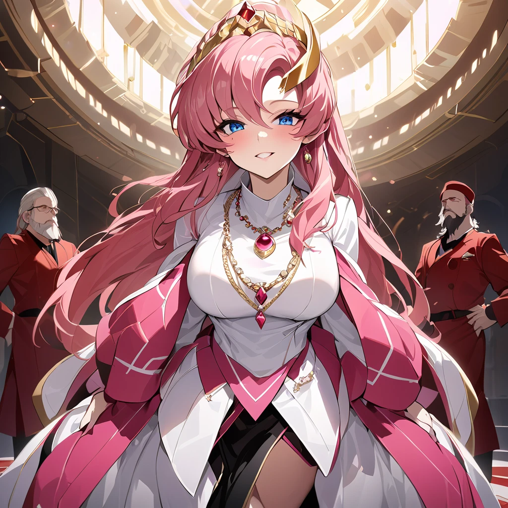 ((Highest quality)), ((masterpiece)), (detailed), （Perfect Face）、The woman is Lacus Clyne, a shrine maiden of the evil god, a saint of darkness, and the wife of the leader of the evil god cult. She has blue eyes, medium-long pink hair, a hair ornament, is wearing the shrine maiden outfit of the evil god, a necklace with a devil symbol, other evil accessories, a gorgeous head chain tiara, and an engagement ring.、The woman is the wife of a middle-aged, bearded cult leader who is revered by a mysterious cult of evil gods.、He is standing at the altar of the Evil God Cult with a mysterious cult leader dressed in luxurious cult leader clothing.