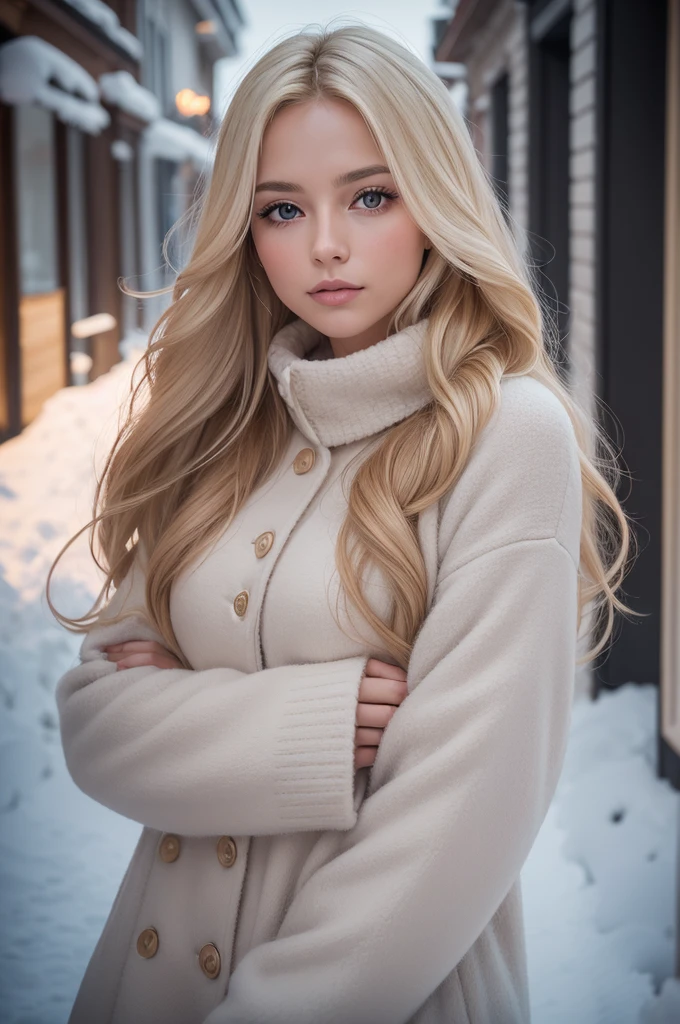 proFessional portrait photograph oF a gorgeous Norwegian girl in winter clothing with long wavy blonde hair, sultry Flirty look, gorgeous symmetrical Face, linda maquiagem natural, wearing elegante warm winter Fashion clothing, ((parado do lado de fora na rua nevada da cidade)), impressionante ambiente urbano moderno, ultra realistic, arte conceitual, elegante, Altamente detalhado, Intrincado, sharp Focus, depth oF Field, F/1. 8, 85mm, tiro médio, meio do tiro, (((proFessionally color graded))), bright soFt diFFused light, (volumetric Fog), tendências no instagram, hd 4k, 8K