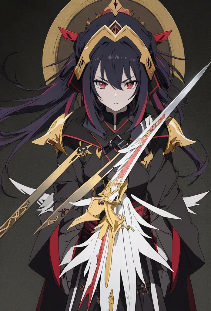 anime - style image of a woman dressed in a costume with horns and a sword,Military commander,restrained,pussy juice,torn clothes,skindantation,Black Hair,show off no panties,topless,skindantation