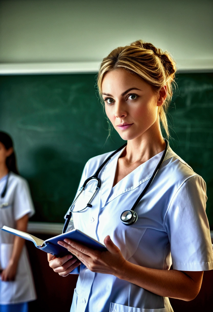the (nurse) participates in professional training and takes notes carefully. Her eyes are full of desire and enthusiasm. The background is the training classroom, full body, award-winning, cinematic still, emotional, vignette, dynamic, vivid, (masterpiece, best quality, photorealistic, Professional, perfect composition, very aesthetic, absurdres, ultra-detailed, intricate details:1.3)