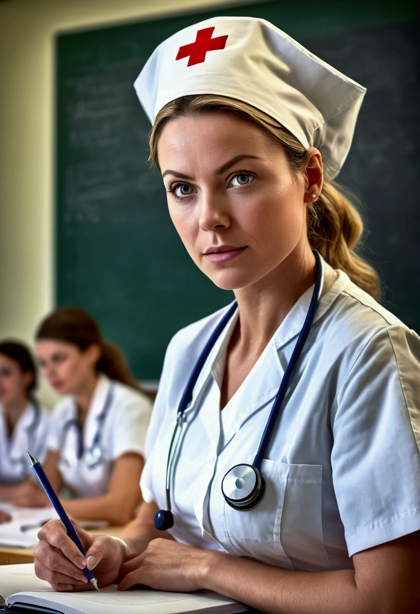 the (nurse) participates in professional training and takes notes carefully. Her eyes are full of desire and enthusiasm. The background is the training classroom, full body, award-winning, cinematic still, emotional, vignette, dynamic, vivid, (masterpiece, best quality, photorealistic, Professional, perfect composition, very aesthetic, absurdres, ultra-detailed, intricate details:1.3)