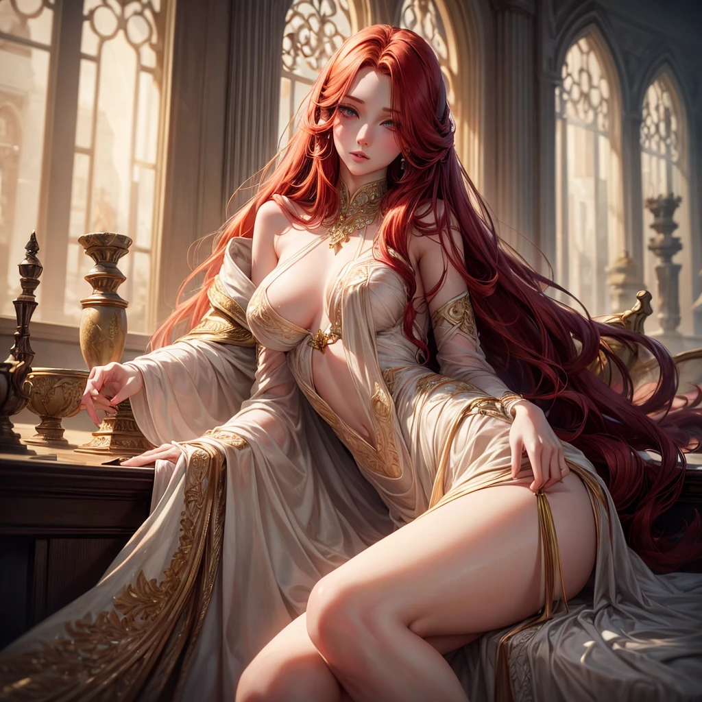 a beautiful redheaded girl with long hair, body, detailed face, beautiful eyes, detailed lips, delicate features, intricate hair strands, porcelain skin, elegant pose, serene expression, natural lighting, muted colors, cinematic composition, masterpiece, photorealistic, 8k, hyper detailed