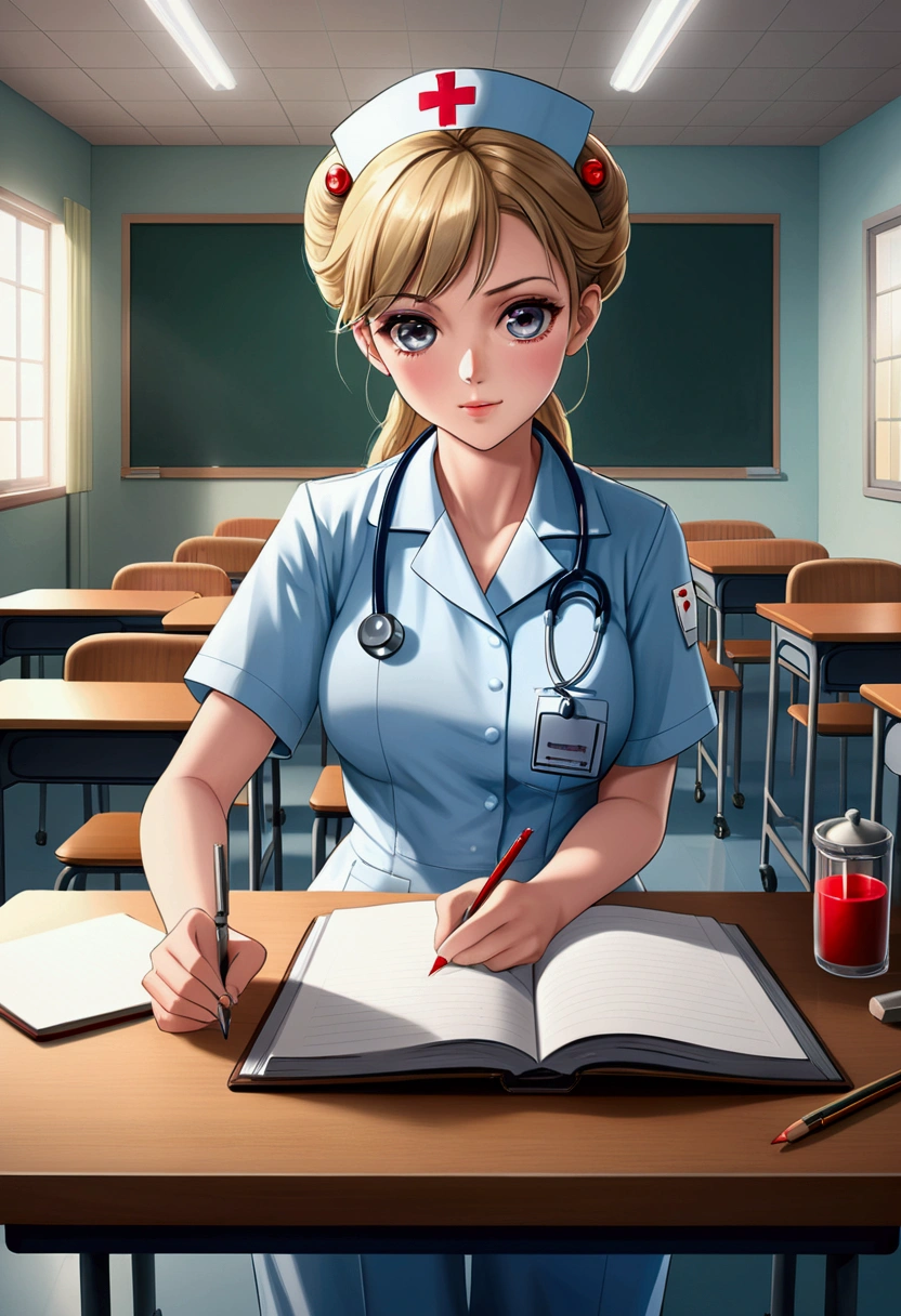 the (nurse) participates in professional training and takes notes carefully. Her eyes are full of desire and enthusiasm. The background is the training classroom, full body, award-winning, cinematic still, emotional, vignette, dynamic, vivid, (masterpiece, best quality, photorealistic, Professional, perfect composition, very aesthetic, absurdres, ultra-detailed, intricate details:1.3)