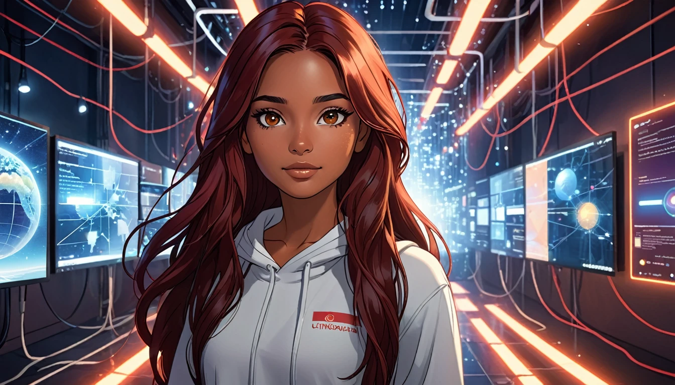 a young Latina with brunette and brown skin, with long dark red hair, brown eyes, for entering in front of her a virtual world of networks and connections of lights.