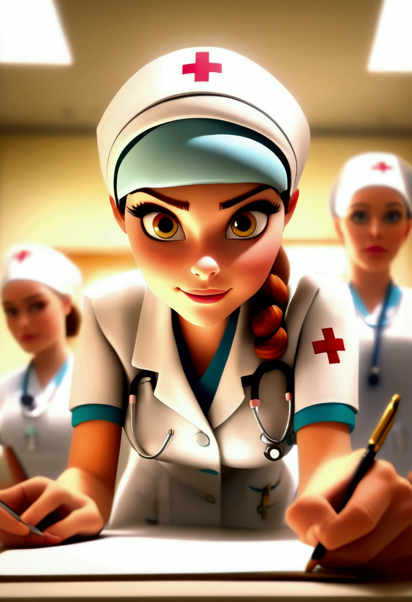 the (nurse) participates in professional training and takes notes carefully. Her eyes are full of desire and enthusiasm. The background is the training classroom, full body, award-winning, cinematic still, emotional, vignette, dynamic, vivid, (masterpiece, best quality, photorealistic, Professional, perfect composition, very aesthetic, absurdres, ultra-detailed, intricate details:1.3)