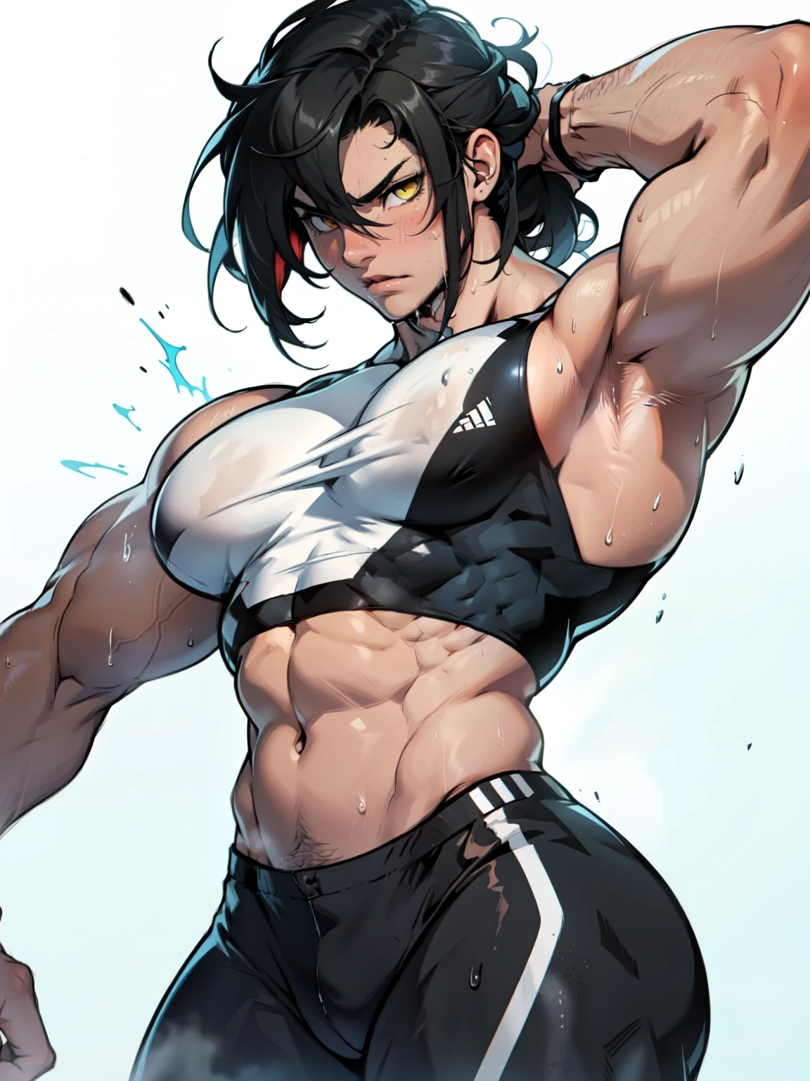 sweaty girl empty eyes messy hair massive hair black hair yellow eyes giant muscles massive breasts pale skin