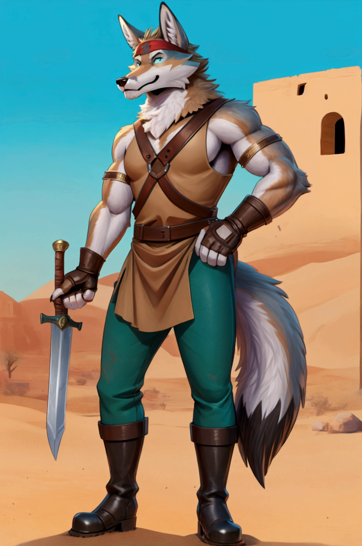 Handsome young anthro furry desert coyote fox male, desert ancient times mercenary solider-assasin murderer, handsome model look gay apperance, handsome muscules, tall, handsome muzzle, handsome shag headband, ruffled old stained tunic with very short sleeves, yawning pants tied with old leather boots on anthro foot, on the tunic old leather harness with scanty rusty breastplate with armlet, old leather bracers, fingerless gloves, old worn out clothing, old worn out armament, sword scars, desert ancient village street, hot climate, ancient desert times, playfull dirty smile, standing on the shadow street, proffesional digital furry drawing art