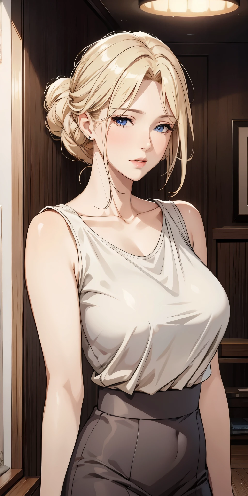 Realistic, Elegant mature woman, milf, blushing, blue eyes, blonde hair, soft light, 4k resolution, high quality, beautiful cg