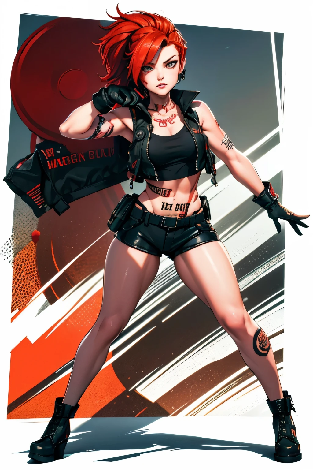 Point Blank style character, sketch drawing, colorful, detailed art, girl with red hair emo style, soft red makeup around her eyes, in a black top with military vest, in short orange camouflage military shorts, with tattoo on her shoulder and thigh , wearing gloves in a dynamic pose