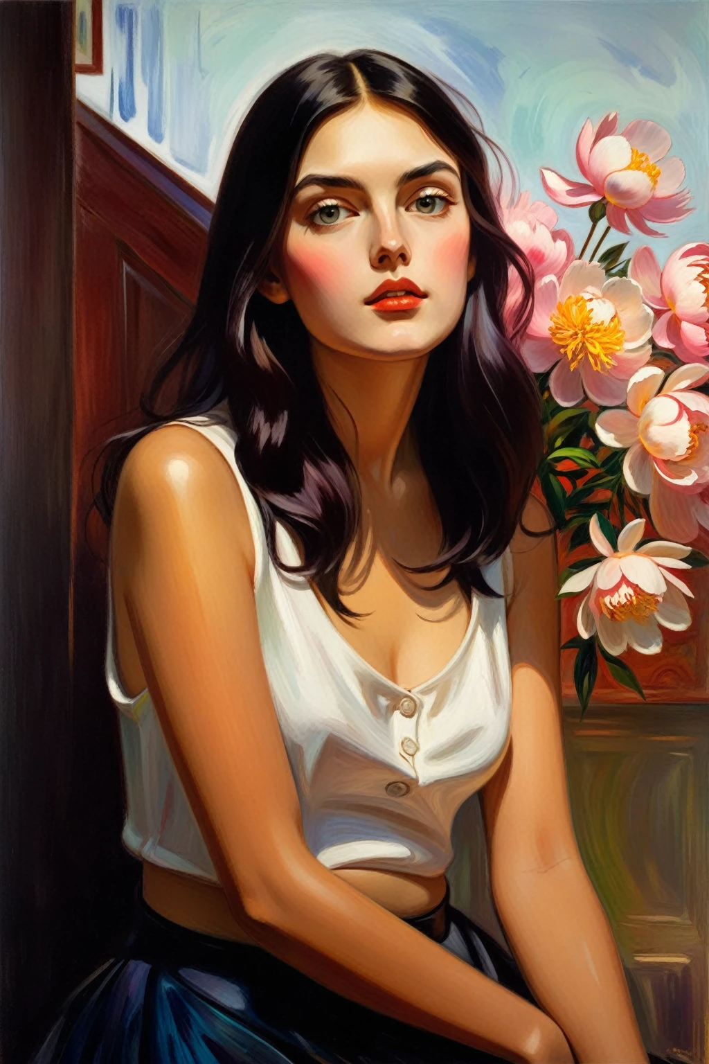 attractive young girl with peonies ((Edvard Munch style)), ((oil painting)), Bright color, ((tmasterpiece)), Impression, Extreme Detail, perspective, 8k