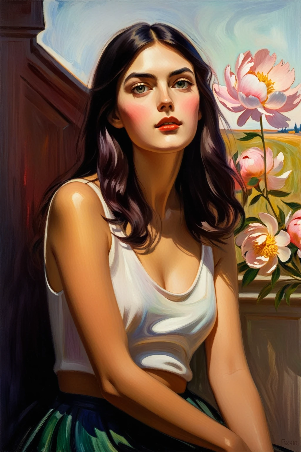 attractive young girl with peonies ((Edvard Munch style)), ((oil painting)), Bright color, ((tmasterpiece)), Impression, Extreme Detail, perspective, 8k