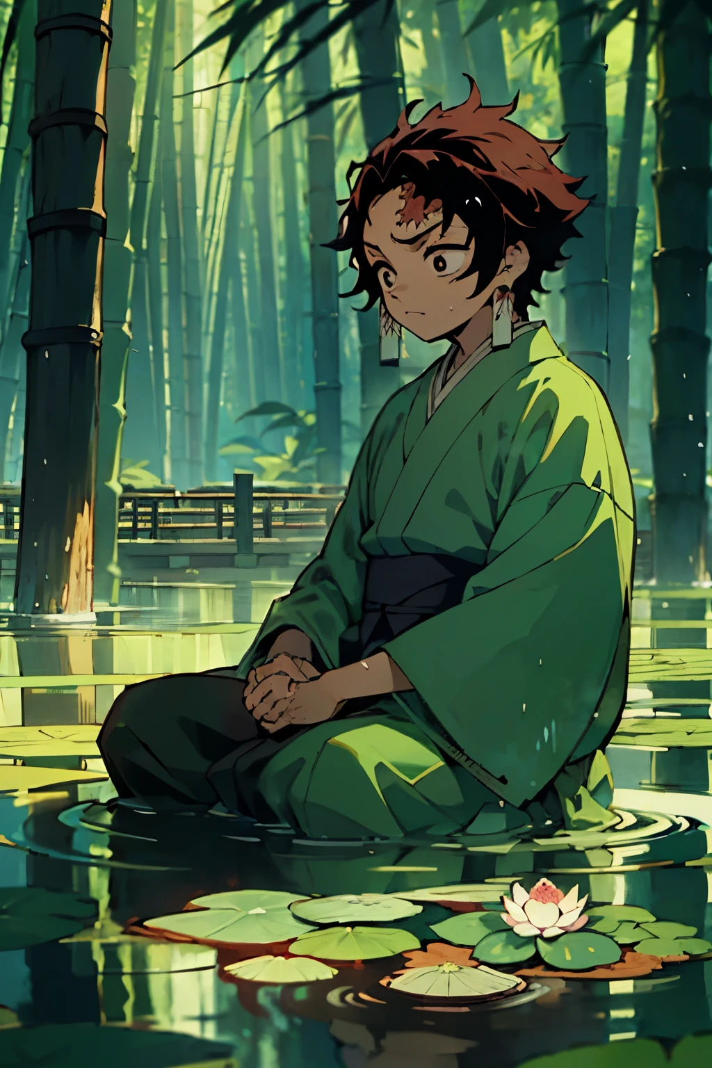 Anime version of Tanjiro Kamado, standing in a forest training scene, with his iconic water-boosting technique in action, sword glowing brightly, sweat dripping off his brow, determined expression, traditional clothing, bamboo sword, nature's backdrop, serene atmosphere, verdant foliage, tall trees, misty air, fiery spirit.

Anime Kamado Tanjiro, seated on the floor, deep in meditation, focusing energies, spiritual aura emanating, tranquil surroundings, traditional Japanese garden, flowers blooming, chirping birds, calming water feature, lotus pond, serene peace, focused concentration, tan monk robes, intr