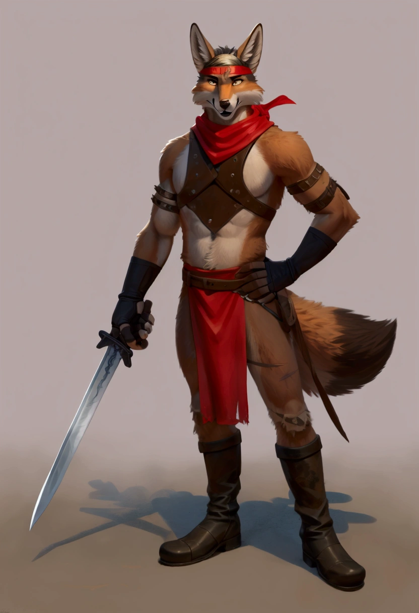 Handsome young anthro furry desert coyote fox male, desert ancient times mercenary solider-assasin murderer, handsome model look gay apperance, handsome muscules, tall, handsome muzzle, handsome shag headband, ruffled old stained tunic with very short sleeves, yawning pants tied with old leather boots on anthro foot, on the tunic old leather harness with scanty rusty breastplate with armlet, old leather bracers, fingerless gloves, old worn out clothing, old worn out armament, sword scars, desert ancient village street, hot climate, ancient desert times, playfull dirty smile, standing on the shadow street, proffesional digital furry drawing art