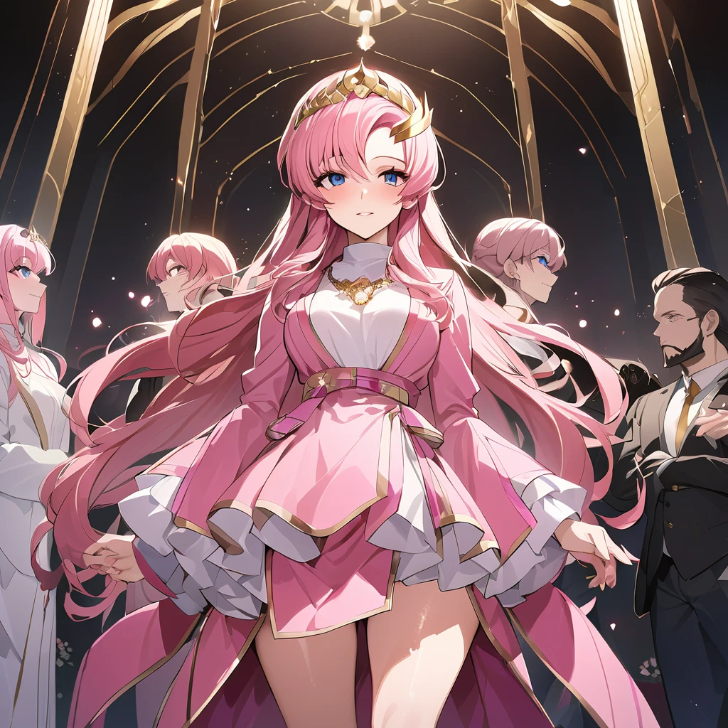 ((Highest quality)), ((masterpiece)), (detailed), (Perfect Face)、The woman is Lacus Clyne, the wife of the leader of a mysterious cult. She has blue eyes, medium-long pink hair, a hair accessory, is wearing the mysterious, luxurious cult clothing of the mysterious religious organization, a necklace and accessories with the symbol of the mysterious cult, a luxurious head chain tiara, and an engagement ring.、The woman is the wife of a middle-aged, bearded cult leader whom she greatly admires.、He is standing at the altar of a cult with a mysterious cult leader dressed in luxurious cult leader clothing.