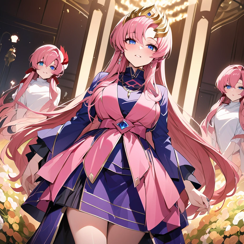 ((Highest quality)), ((masterpiece)), (detailed), （Perfect Face）、The woman is Lacus Clyne, the wife of the leader of a mysterious cult. She has blue eyes, medium-long pink hair, a hair accessory, is wearing the mysterious, luxurious cult clothing of the mysterious religious organization, a necklace and accessories with the symbol of the mysterious cult, a luxurious head chain tiara, and an engagement ring.、The woman is the wife of a middle-aged, bearded cult leader whom she greatly admires.、He is standing at the altar of a cult with a mysterious cult leader dressed in luxurious cult leader clothing.