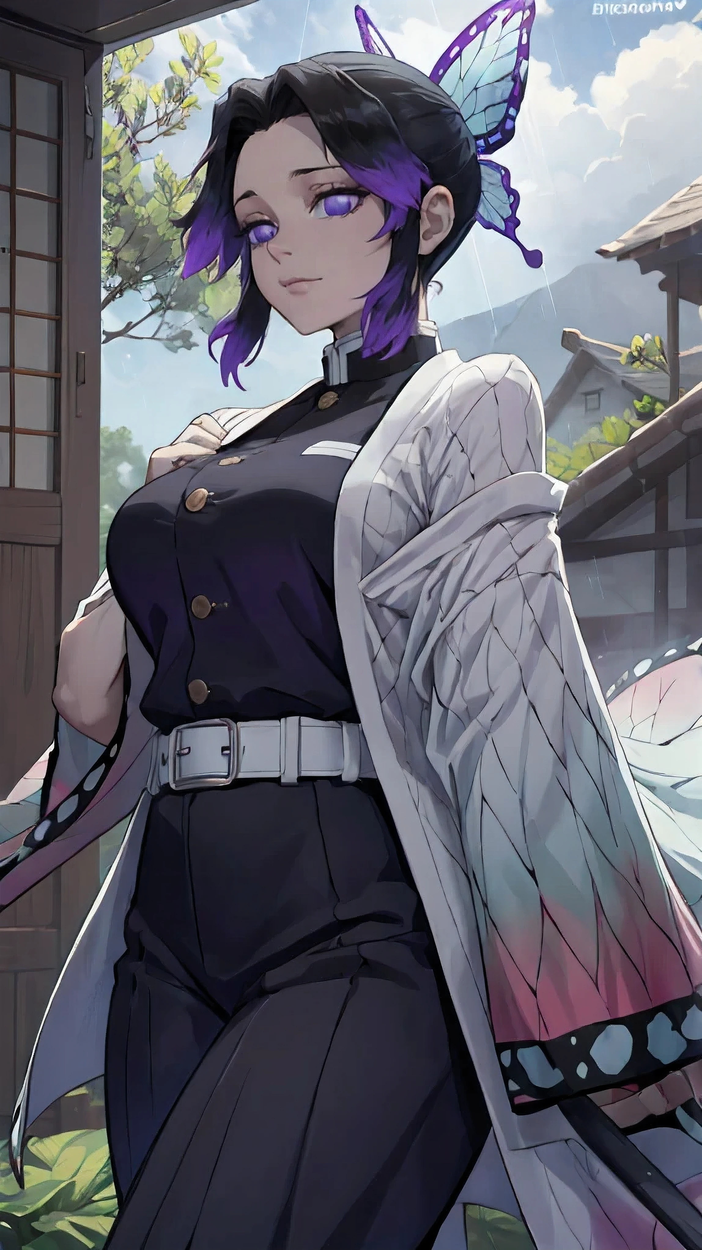 Ultra-realistic 8K computer graphics，chedevr,（（Ultra detailed backgrounds，delicate patterns，complex parts）），Best quality at its best，angry face，very detailed eyes и лица，very detailed eyes，Kochou shinobi，multicolored hair，without bangs，hair fences，Purple eye，Forehead，black shirt，black pantsuit，haori，butterflies，button，obi-comic，（tropical garden：1.2），purple flower，battle damage，mostly cloudy sky，Sun rays，Tyndall effect，gradient_sky，rainy day, face，rainy sky，Saber at the waist，charming pose，big breasts，split，Off-the-shoulder clothing