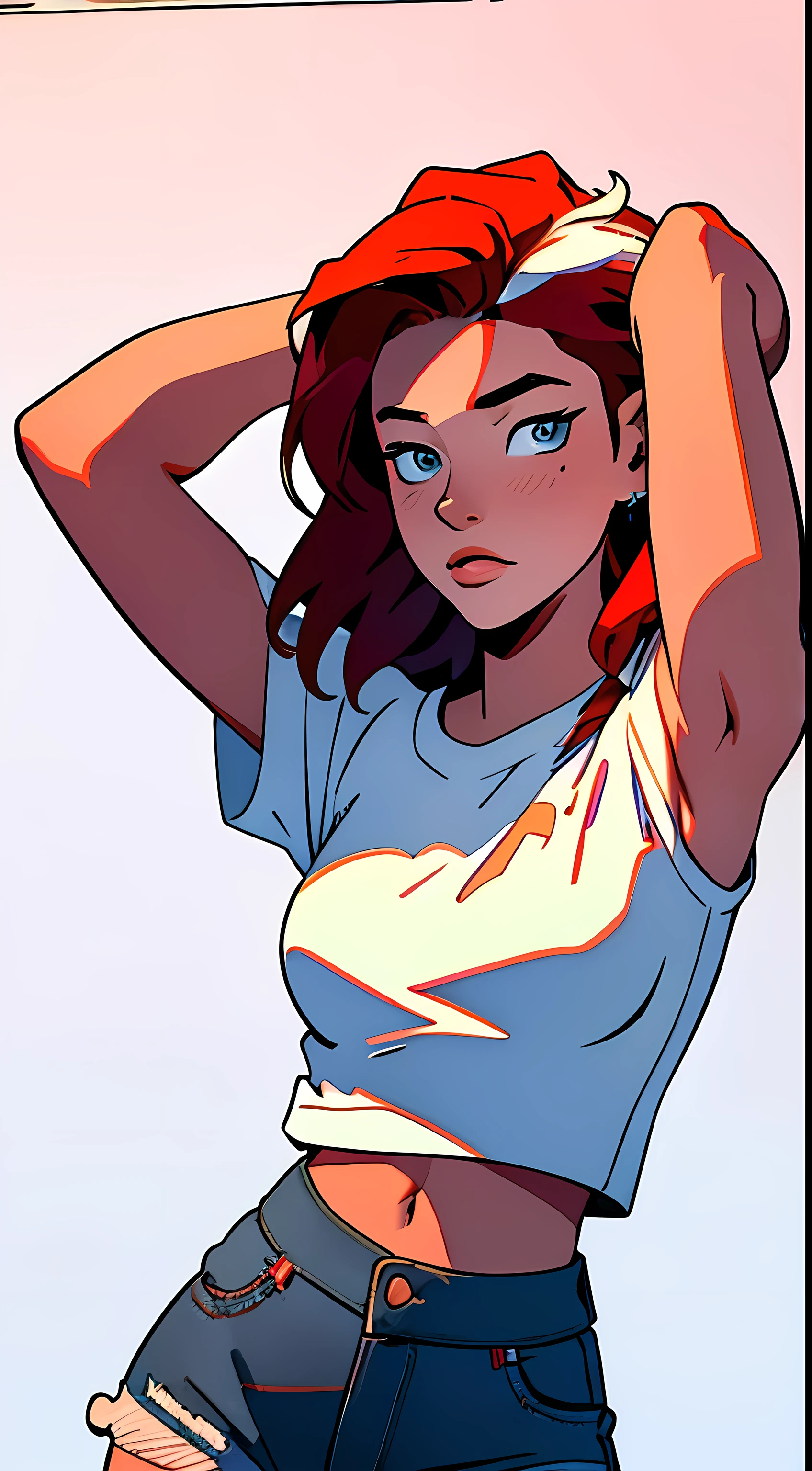 masterpiece, best quality, waist up,1girl,the highest image quality, 21-year-old woman, looks like Olivia Dunne, bright red hair, blue eyes, wearing a white graphic tee and denim shorts, large breasts, White background, empty background, waist up , standing normally