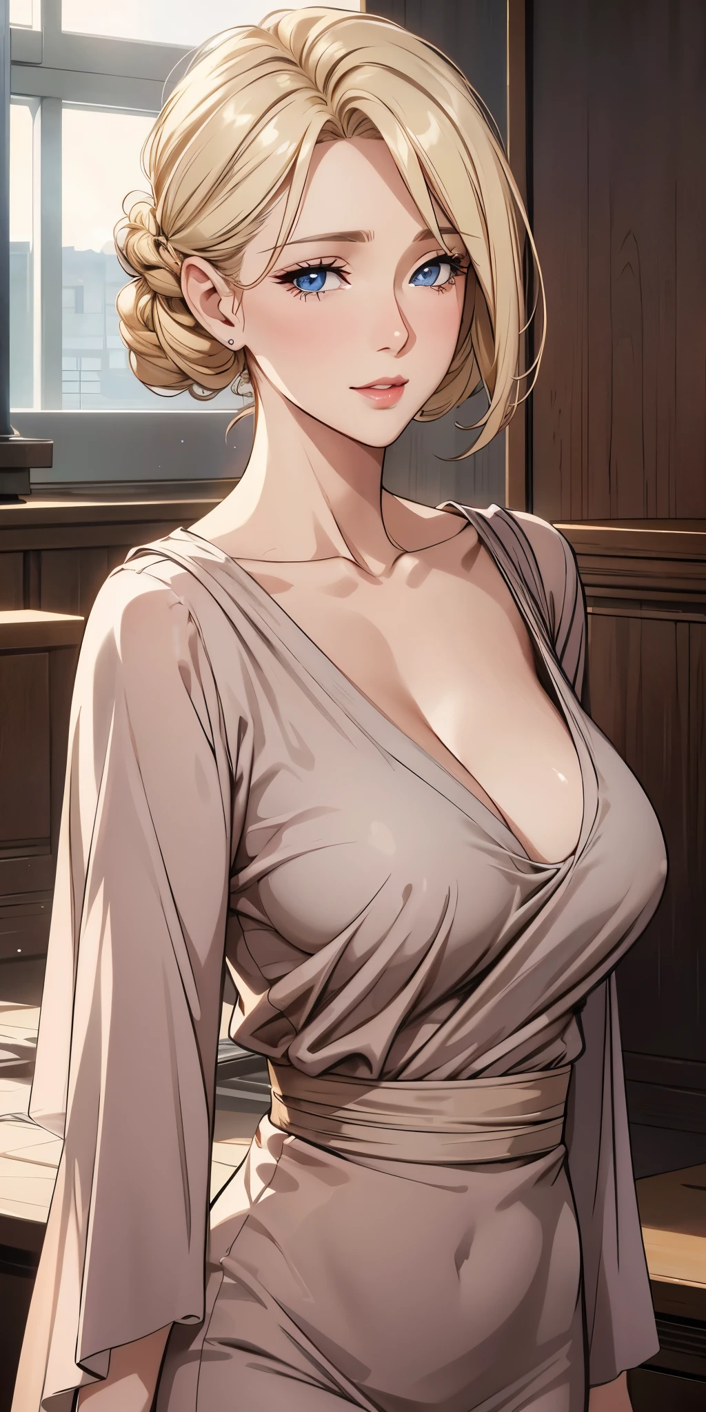 Realistic, Elegant mature woman, milf, blushing, blue eyes, blonde hair, soft light, 4k resolution, high quality, beautiful cg