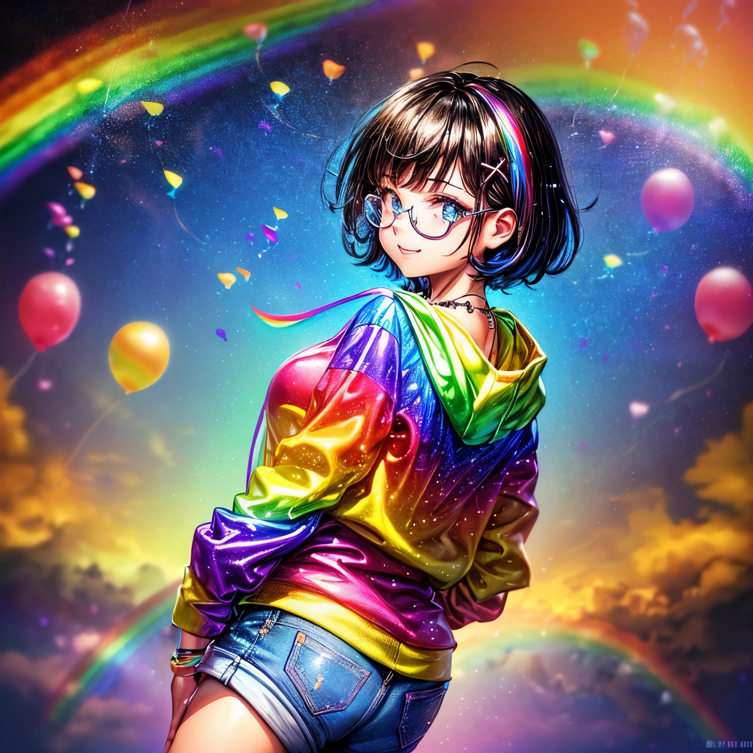 {worst quality, low-quality}, masutepiece,Best Quality,ultra-detailliert,​masterpiece, (Background of clear blue sky with rainbow), ((a closeup)), (gals:1.2), ((big breasts)), (black hair short cut:1.3), (Looking back), (cute Pose:1.2),(Uniform: 1.2), (Wear a rainbow-colored oversized zip hoodie on top: 1.4), (jeans hot pants:1.3), plump shiny lips, Beautiful clear eyes, (The best smile), Spoken Heart, ((Necklace,Colorful bracelets,X Hair Ornament):1.2), (Rainbow-colored frame under-rim glasses:1.4), ((glow rainbow)), (rainbow particles, rainbow sparkles, rainbow rays:1.4), ((Background of many floating balloons:1.5)), 🎈,