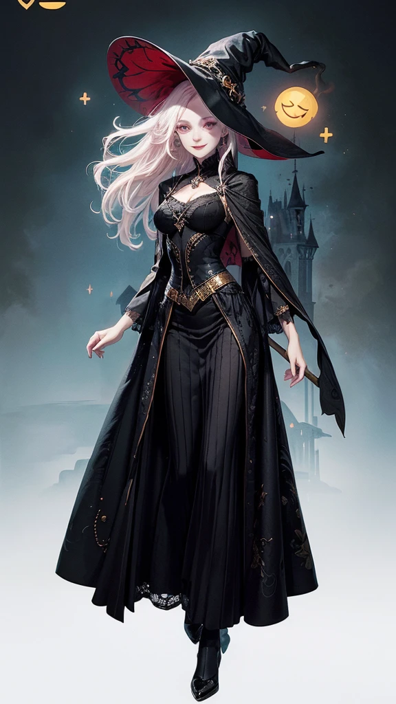 (masterpiece, Top quality), detail, ((Character Concept Art)), (1 名woman, woman, Black long skirt, Witch Hat, Witch clothing fabric, Many parts), (Pale skin), (detailed Eyes), detailed Face, ((Charming smile emoji)), Athlete&#39;s body, Black hair, Long hair, ((Charming smile emoji)), details, Animated baby, wallpaper, game illustration, Animagine XL Baby, Long hair long style, ((Cast fire magic, Fire Mage)), detail, Anime babe, wallpaper, game illustration, Animagine XL Baby, Dōjin works, cartoon, (Simple background, White background: 1. 3)