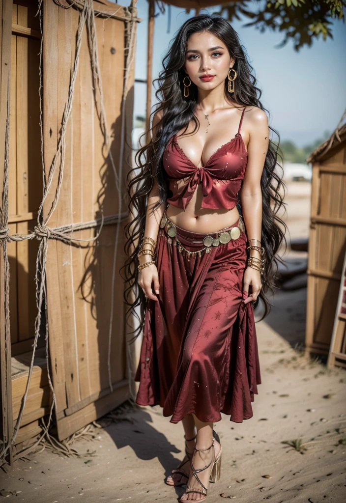 Beautiful black-haired gypsy, 30 year old gypsy from Cuba, 30 year old woman, Catherine, 40 year old woman, avatar, Large gold earrings, huge earrings, beads on her neck, gypsy outfit, in a gypsy outfit, gorgeous lady, Long gypsy skirt, Bright gypsy makeup, Widely spaced slender legs, Brown gypsy eyes, Golden bracelets, Golden rings, Gypsy skirt, completely covering the legs., Long gypsy skirt, Legs are completely covered by the skirt, anastasia ovchinnikova, Alina Ivanchenko, black high heels, ((Best quality, 8 thousand, masterpiece: 1.4)), (Woman 20 years old.), ((Very small face: 1.3)), (sagging breasts: 1.4), Highly detailed face and skin texture, detailed eyes, (Italian), (Black-haired, wavy, very long black hair: 1.3), ((beautiful body: 1.3)), (thin waist) , high heels, black hair, Bright smile, (очень sagging breasts: 1.4), beautiful slender legs up to the knees, Against the backdrop of a gypsy camp