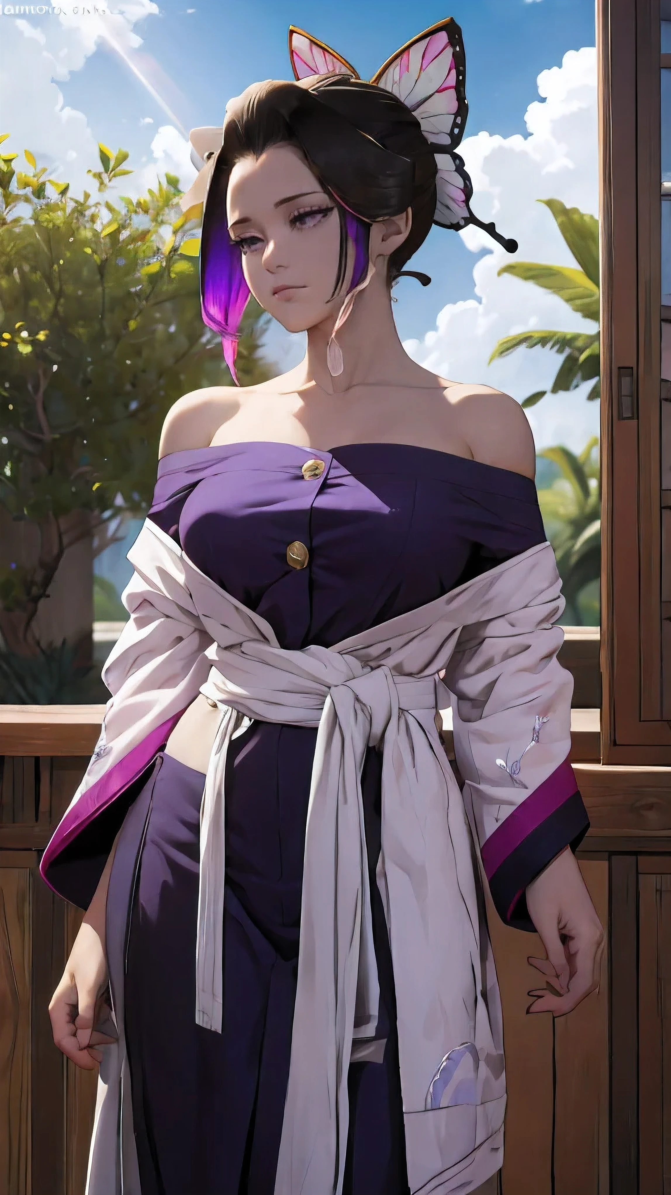 Ultra-realistic 8K computer graphics,chedevr,((Ultra detailed backgrounds,delicate patterns,complex parts)),Best quality at its best,angry face,very detailed eyes и лица,very detailed eyes,Kochou shinobi,multicolored hair,without bangs,hair fences,Purple eye,Forehead,oiran suit,haori,butterflies,button,(tropical garden:1.2),purple flower,battle damage,mostly cloudy sky,Sun rays,Tyndall effect,gradient_sky,rainy day, face,rainy sky,Saber at the waist,charming pose,big breasts,split,Off-the-shoulder clothing