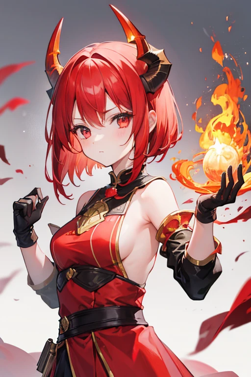 Cute girl with short red shoulder-length hair with dragon horns and fire around