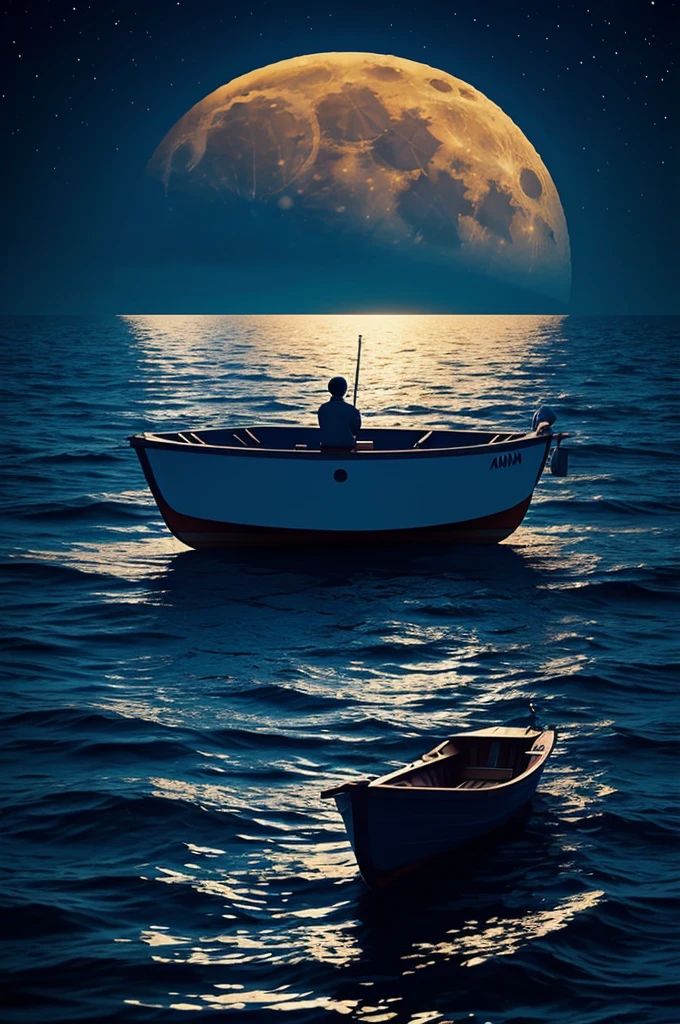 Create an image of a small boat in the sea with a person observing the full moon on a blue moon night. Digital illustration style