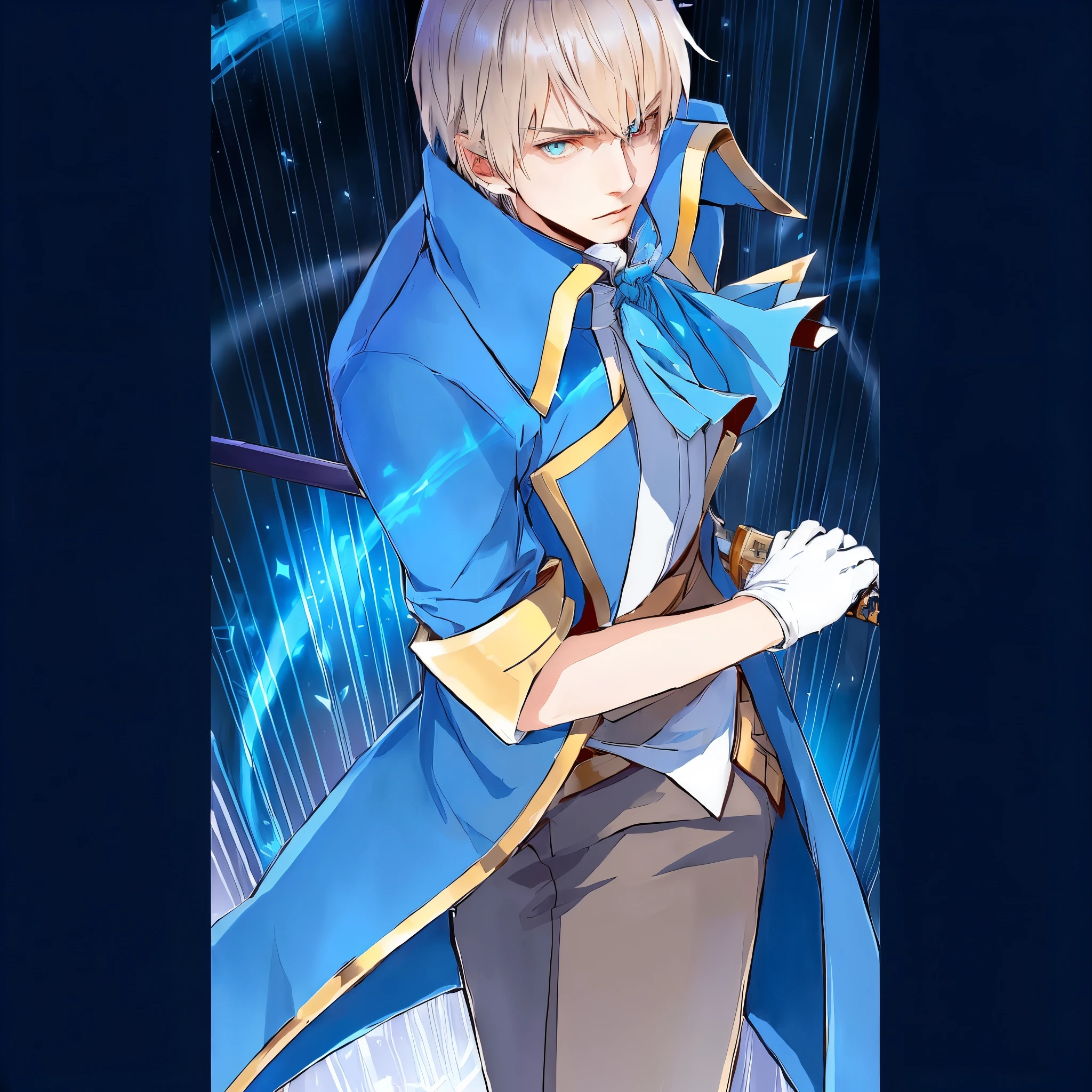 anime character with blue hair and blue coat holding a sword, okita sougo, tall anime guy with blue eyes, Cute androgynous prince, portrait of the magical blond prince, artoria pendragon, anime style like fate/stay overnight, delicate androgynous prince, ((wearing aristocrat robe)), spear, ( ( wearing a long coat ) ), serious face, malefic, villain, villainous face, cara de malefic, White Glove, usando White Glove na mão